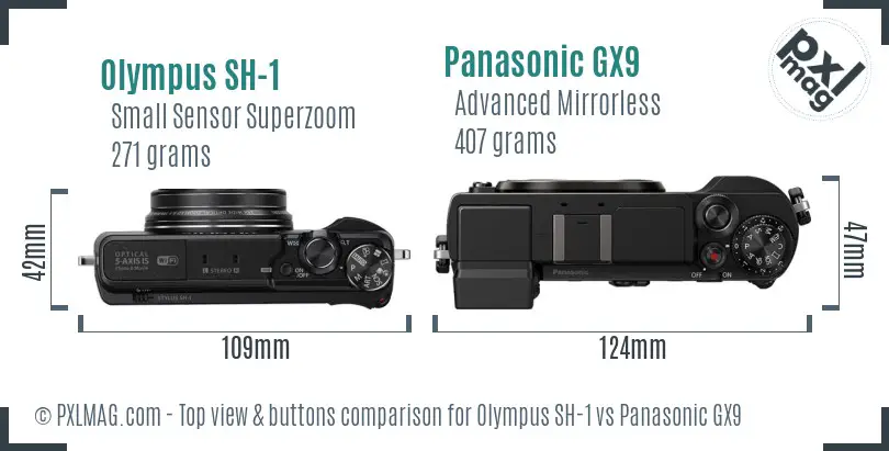 Olympus SH-1 vs Panasonic GX9 top view buttons comparison