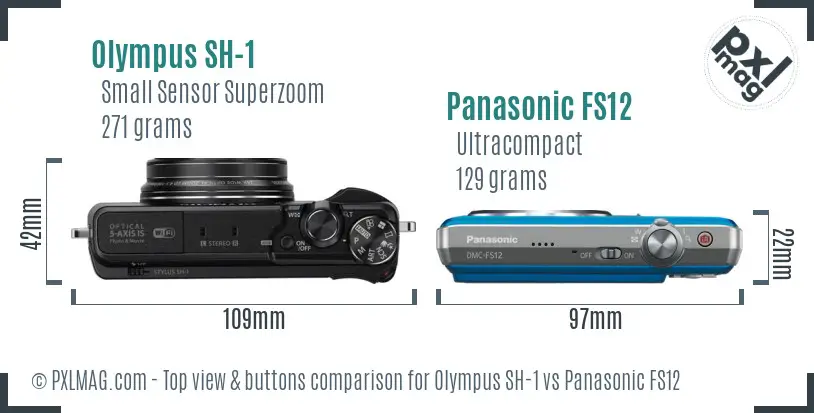 Olympus SH-1 vs Panasonic FS12 top view buttons comparison