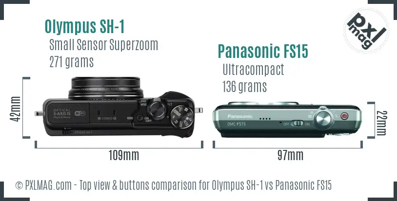 Olympus SH-1 vs Panasonic FS15 top view buttons comparison