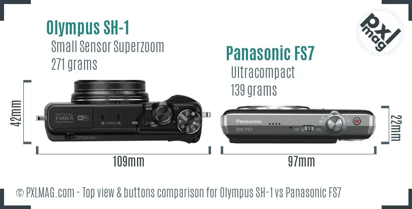 Olympus SH-1 vs Panasonic FS7 top view buttons comparison