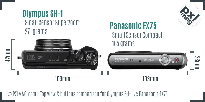 Olympus SH-1 vs Panasonic FX75 top view buttons comparison