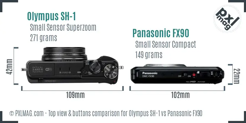 Olympus SH-1 vs Panasonic FX90 top view buttons comparison
