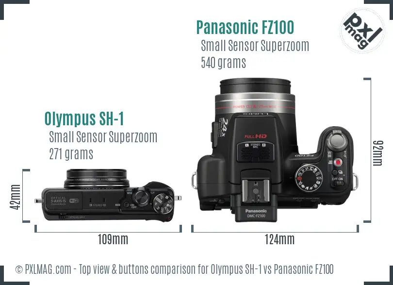 Olympus SH-1 vs Panasonic FZ100 top view buttons comparison