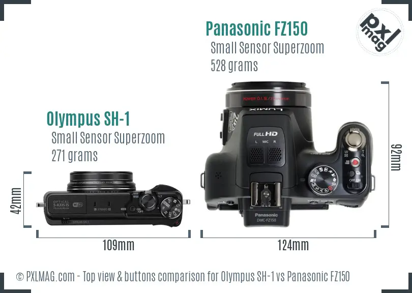 Olympus SH-1 vs Panasonic FZ150 top view buttons comparison