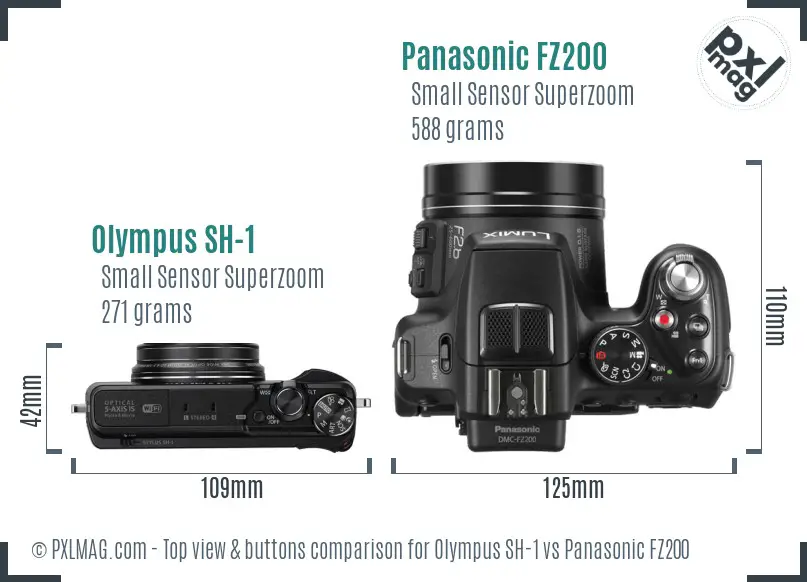 Olympus SH-1 vs Panasonic FZ200 top view buttons comparison