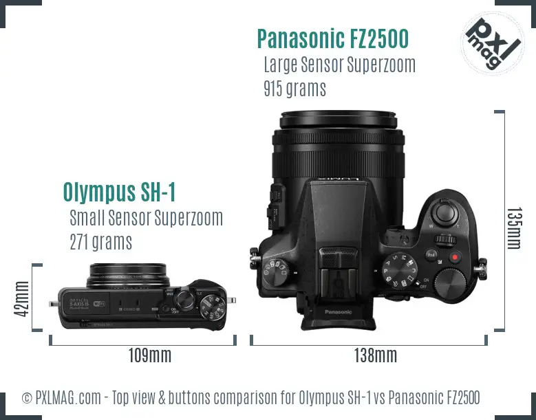 Olympus SH-1 vs Panasonic FZ2500 top view buttons comparison