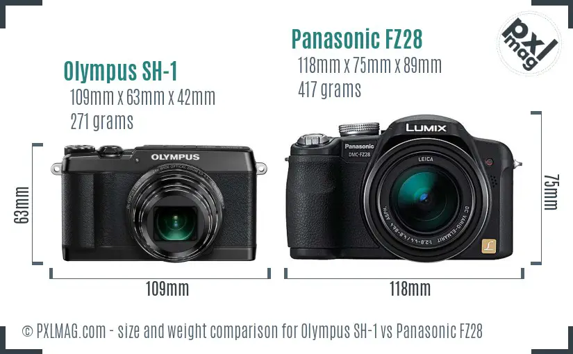 Olympus SH-1 vs Panasonic FZ28 size comparison
