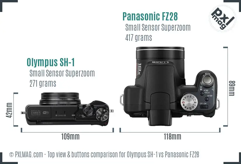 Olympus SH-1 vs Panasonic FZ28 top view buttons comparison