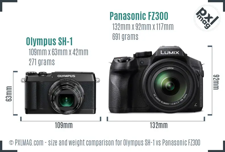 Olympus SH-1 vs Panasonic FZ300 size comparison