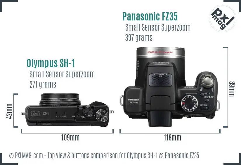 Olympus SH-1 vs Panasonic FZ35 top view buttons comparison