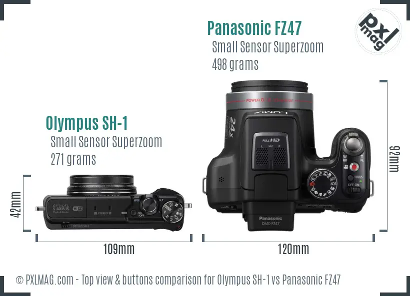 Olympus SH-1 vs Panasonic FZ47 top view buttons comparison