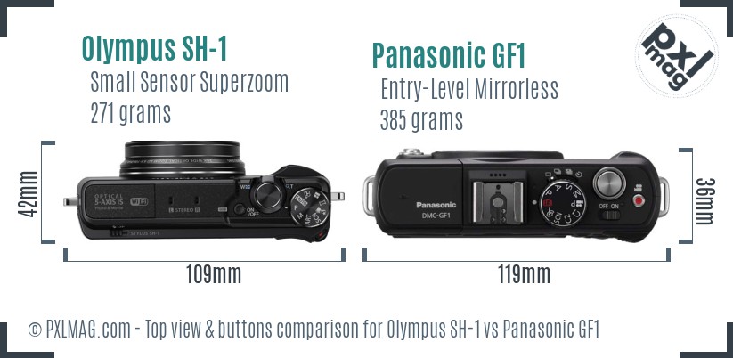 Olympus SH-1 vs Panasonic GF1 top view buttons comparison