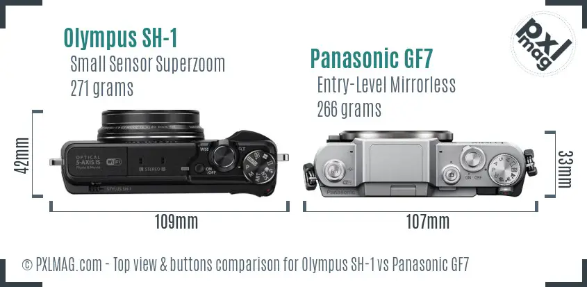 Olympus SH-1 vs Panasonic GF7 top view buttons comparison