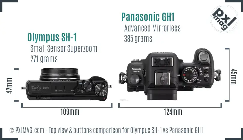 Olympus SH-1 vs Panasonic GH1 top view buttons comparison