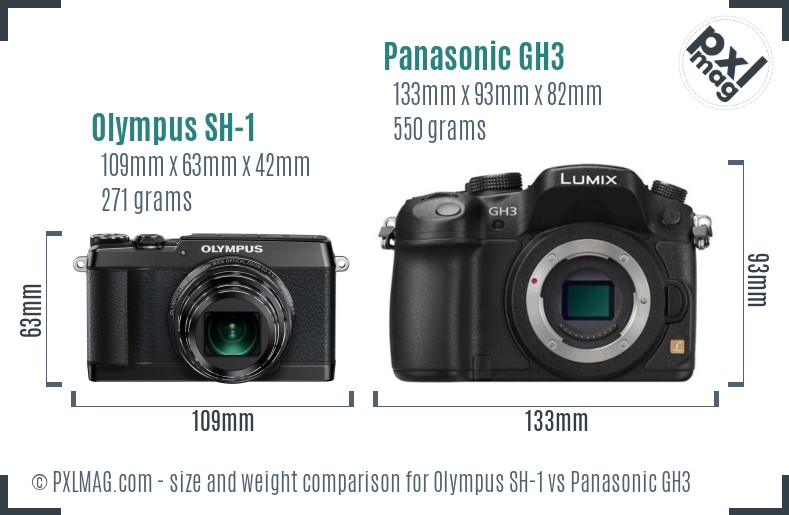 Olympus SH-1 vs Panasonic GH3 size comparison