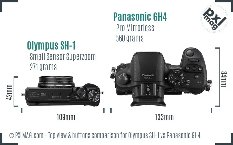 Olympus SH-1 vs Panasonic GH4 top view buttons comparison