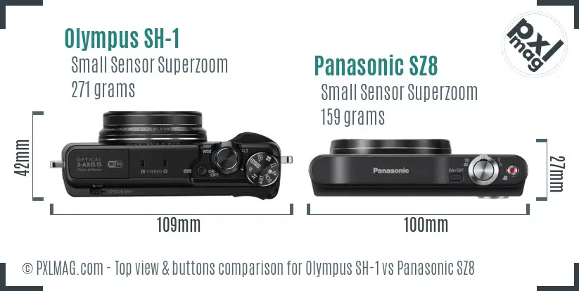 Olympus SH-1 vs Panasonic SZ8 top view buttons comparison