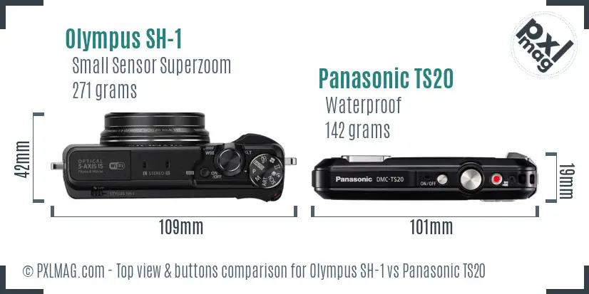 Olympus SH-1 vs Panasonic TS20 top view buttons comparison