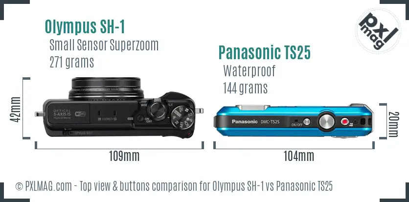 Olympus SH-1 vs Panasonic TS25 top view buttons comparison
