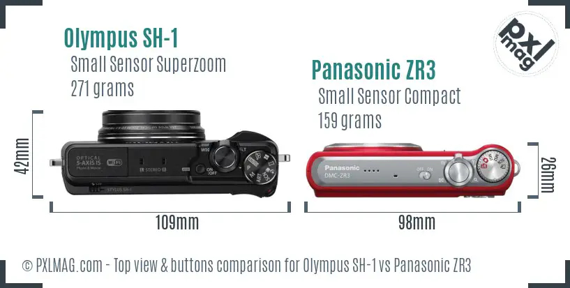 Olympus SH-1 vs Panasonic ZR3 top view buttons comparison