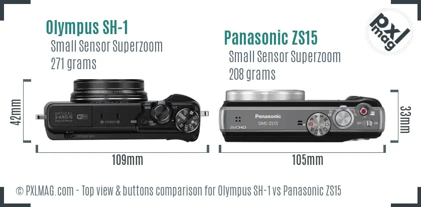 Olympus SH-1 vs Panasonic ZS15 top view buttons comparison