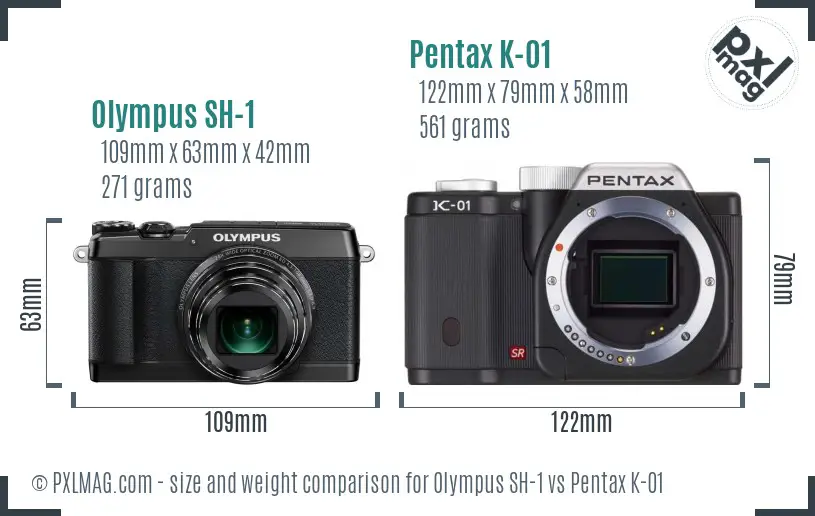 Olympus SH-1 vs Pentax K-01 size comparison