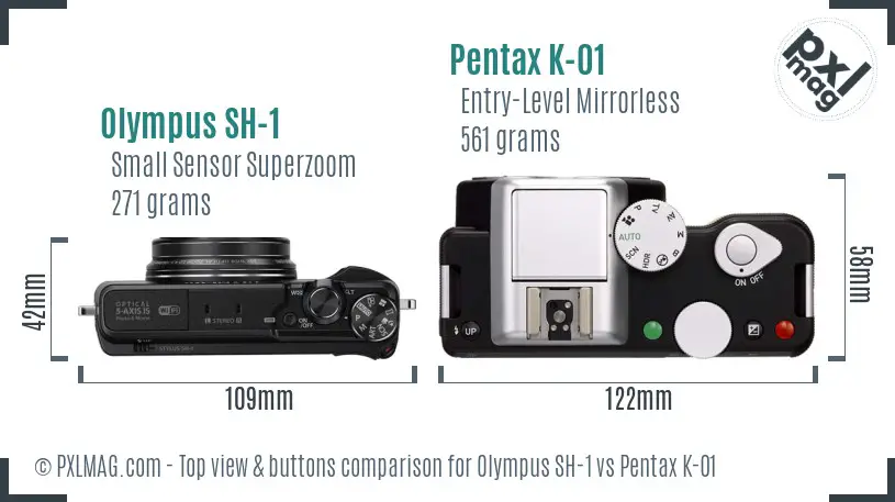 Olympus SH-1 vs Pentax K-01 top view buttons comparison