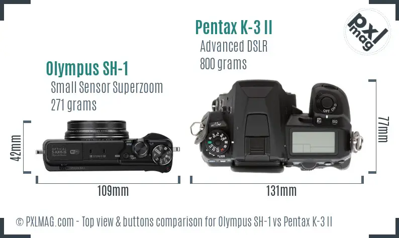 Olympus SH-1 vs Pentax K-3 II top view buttons comparison