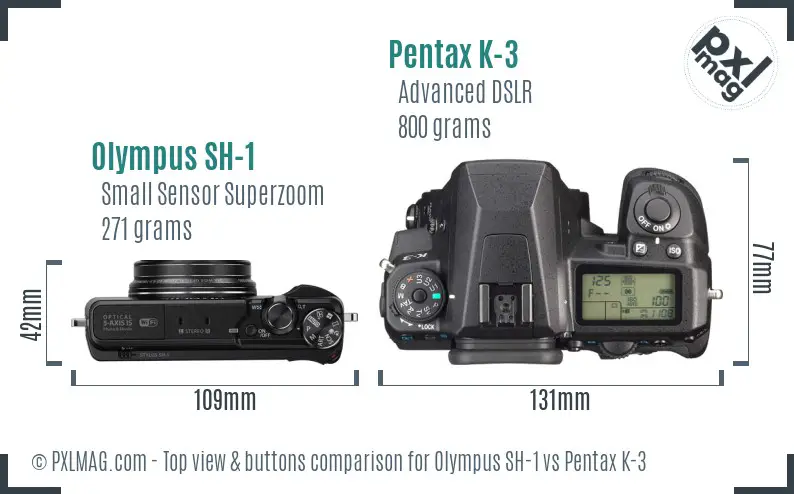Olympus SH-1 vs Pentax K-3 top view buttons comparison