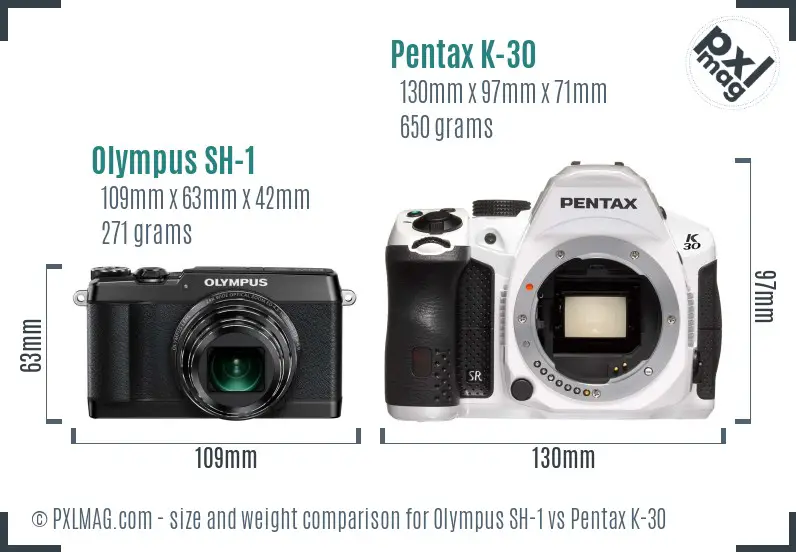 Olympus SH-1 vs Pentax K-30 size comparison