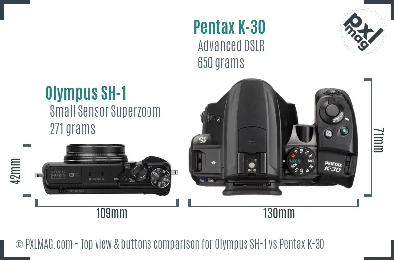 Olympus SH-1 vs Pentax K-30 top view buttons comparison