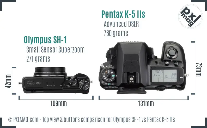 Olympus SH-1 vs Pentax K-5 IIs top view buttons comparison