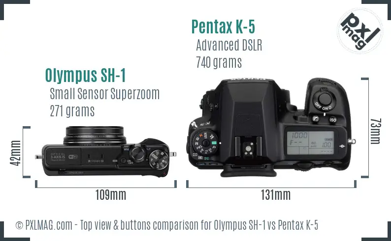 Olympus SH-1 vs Pentax K-5 top view buttons comparison
