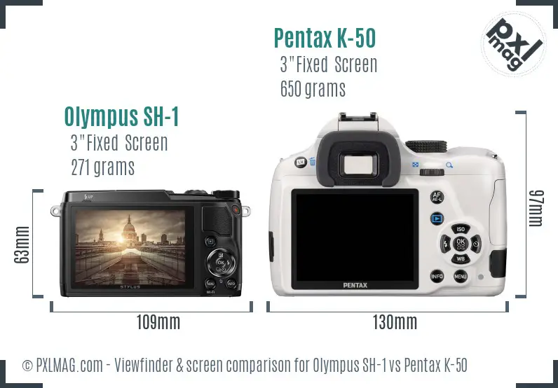 Olympus SH-1 vs Pentax K-50 Screen and Viewfinder comparison