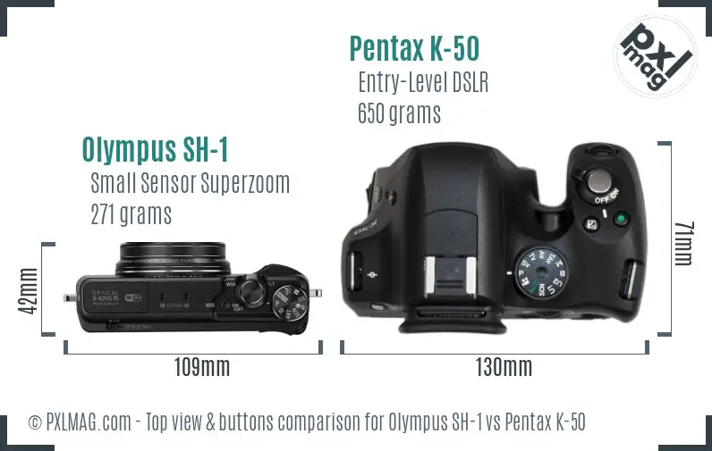 Olympus SH-1 vs Pentax K-50 top view buttons comparison