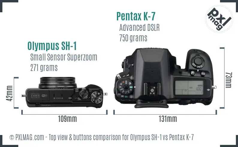 Olympus SH-1 vs Pentax K-7 top view buttons comparison