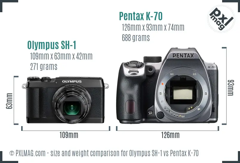 Olympus SH-1 vs Pentax K-70 size comparison
