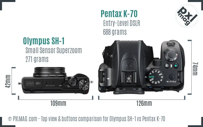 Olympus SH-1 vs Pentax K-70 top view buttons comparison