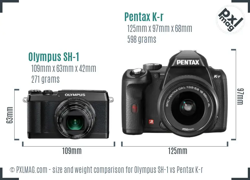 Olympus SH-1 vs Pentax K-r size comparison