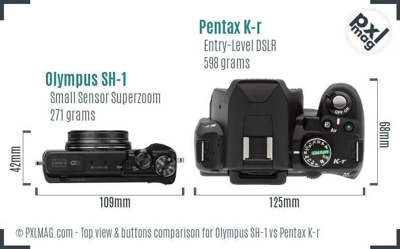 Olympus SH-1 vs Pentax K-r top view buttons comparison