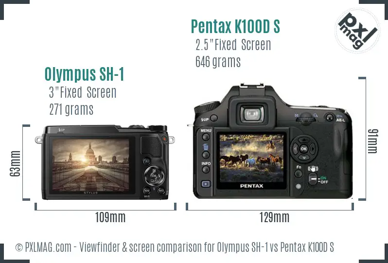 Olympus SH-1 vs Pentax K100D S Screen and Viewfinder comparison