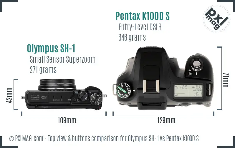 Olympus SH-1 vs Pentax K100D S top view buttons comparison