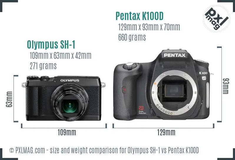Olympus SH-1 vs Pentax K100D size comparison