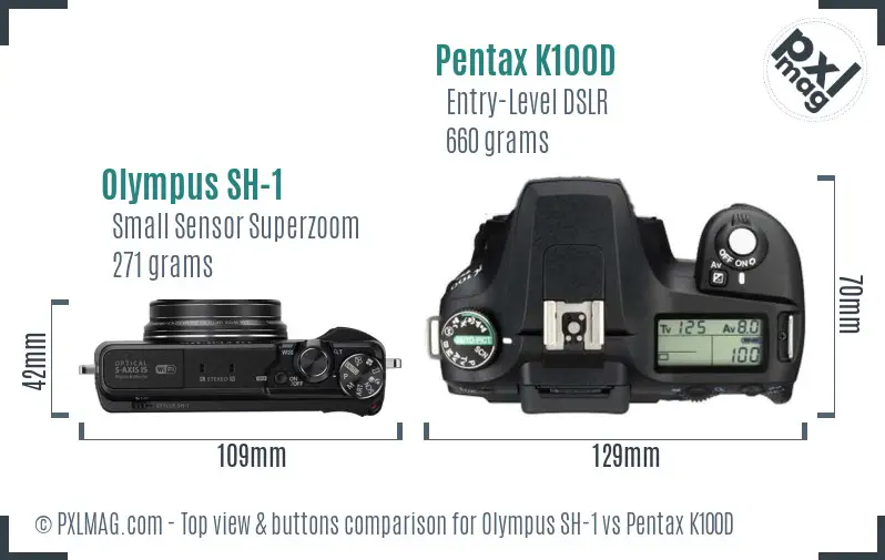 Olympus SH-1 vs Pentax K100D top view buttons comparison