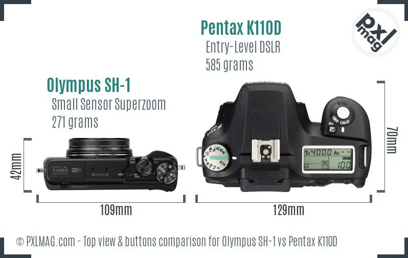 Olympus SH-1 vs Pentax K110D top view buttons comparison