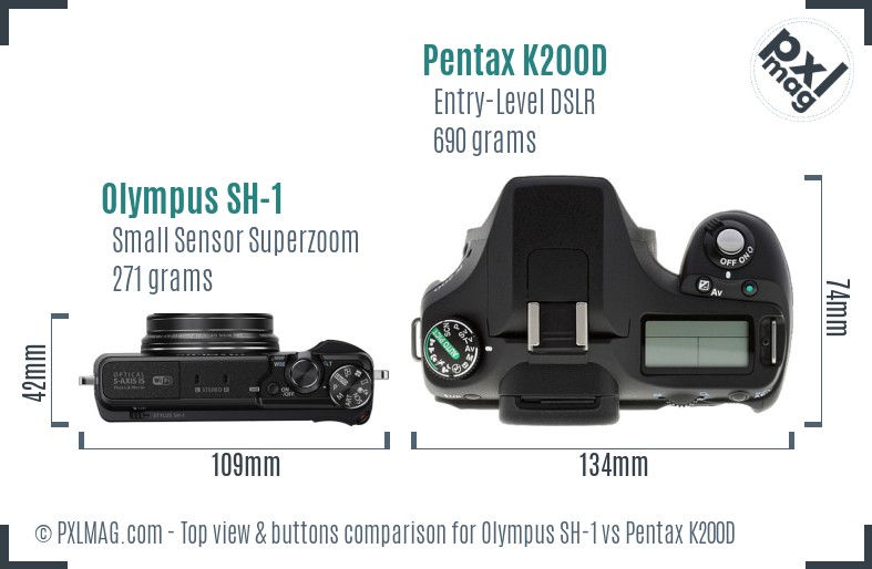 Olympus SH-1 vs Pentax K200D top view buttons comparison