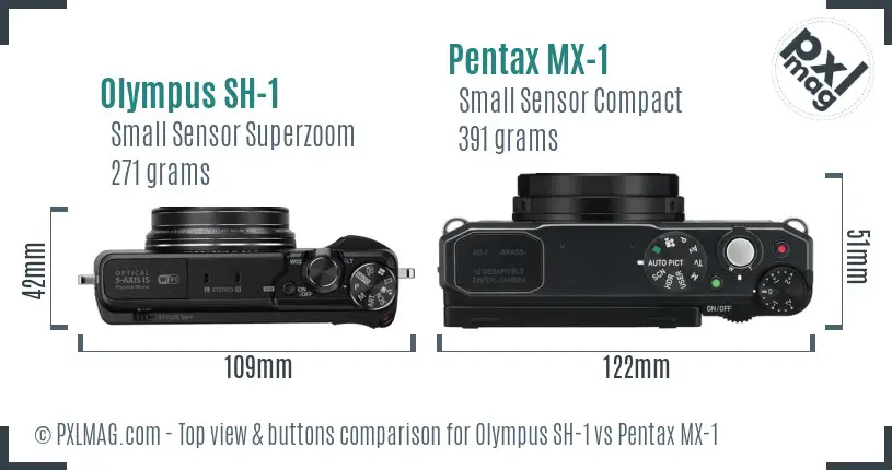 Olympus SH-1 vs Pentax MX-1 top view buttons comparison