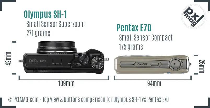 Olympus SH-1 vs Pentax E70 top view buttons comparison