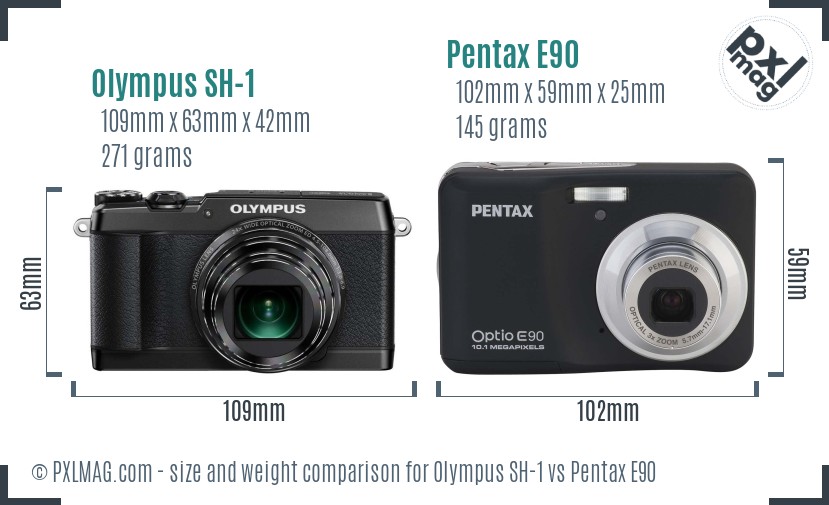 Olympus SH-1 vs Pentax E90 size comparison
