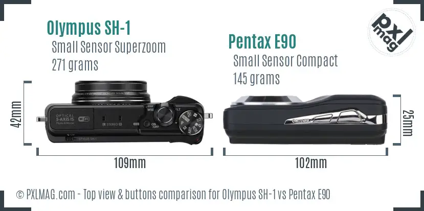 Olympus SH-1 vs Pentax E90 top view buttons comparison